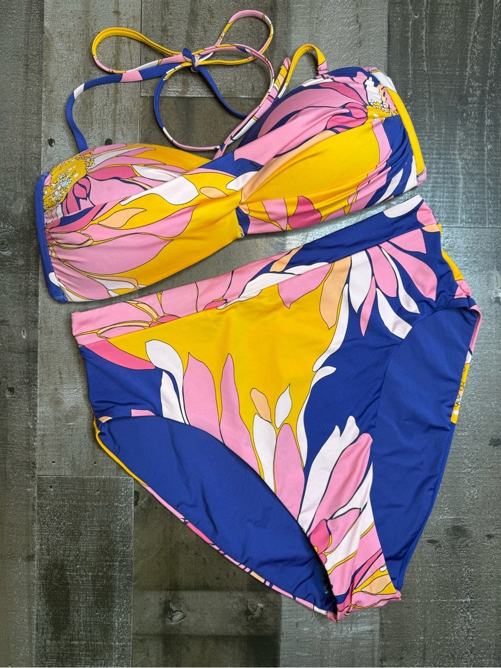NWOT Trina Turk Breeze Pink & Yellow Floral High-Waist Bandeau Bikini Set sz 10